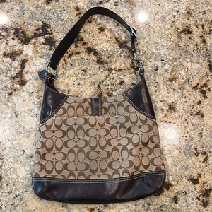 Coach Signature No. E06K-10243 Brown Leather & Material Shoulder Hobo Bag.